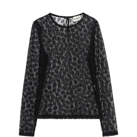 Claude Pierlot black sheer lace long-sleeve top with floral pattern, round neck, and contrast opaque side panels
