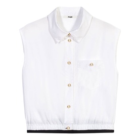 Maje sleeveless cropped shirt in white with gold-tone buttons, chest pocket, and contrast black hem trim
