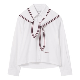 Claude Pierlot white cotton shirt with contrast burgundy-striped sailor tie collar and long sleeves, small embroidered logo