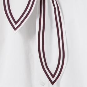 Claude Pierlot Womens French Dress in white with burgundy and white striped contrast tie detail at neckline