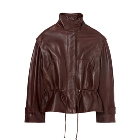 Claude Pierlot dark burgundy leather jacket with high neck, drawstring waist, drop shoulders, and button cuffs