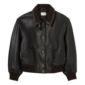 Claude Pierlot Leather Bomber Jacket in black lambskin with ribbed collar, gold-tone press studs, patch pockets with gold rivets, and ribbed cuffs