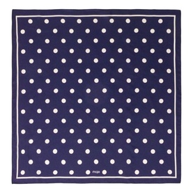Maje navy blue silk square scarf with white polka dot print and white border edge
