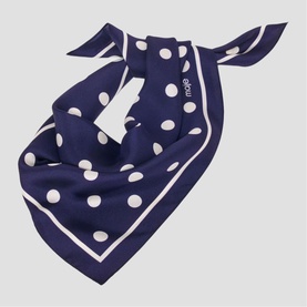 Maje navy blue silk square scarf with white polka dot print and white border, tied at corner