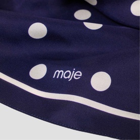 Maje navy blue silk scarf with white polka dot print and stripe border detail, Maje logo visible