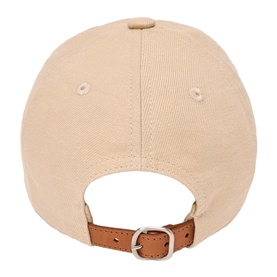 Maje baseball cap in clear beige, rear view showing tan leather adjustable buckle strap and structured crown