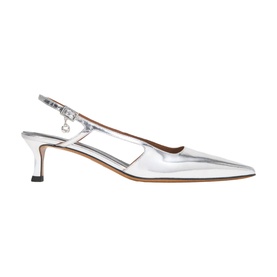 Maje red slingback pointed-toe kitten heel pumps with metallic finish and charm detail on ankle strap