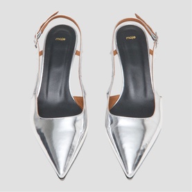 Maje pointed-toe slingback heels in red metallic leather with buckle ankle strap and black insole, top-down view