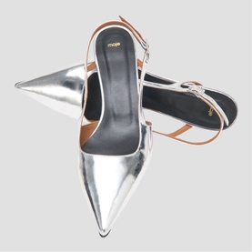 Maje silver metallic pointed-toe slingback heels with tan ankle strap and gold buckle detail, black insole