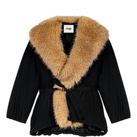 Maje black wrap jacket with oversized camel faux fur collar and tie belt, ribbed sleeves and frill hem detail