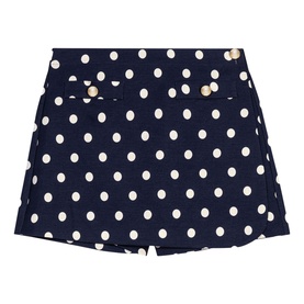 Maje navy dots print shorts with wrap-style front, cream polka dot pattern and gold button details