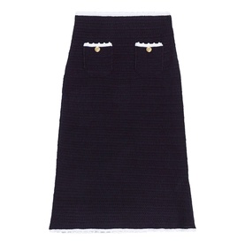 Maje navy tweed midi skirt with white trim detail, two front pockets with gold-tone buttons and frayed hem