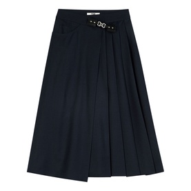 Maje midi skirt in navy with box pleats, asymmetric wrap silhouette, and gold-tone buckle belt detail at waist