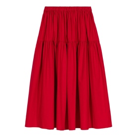 Maje Womens French Dress tiered midi skirt in red with elasticated waist and full gathered silhouette