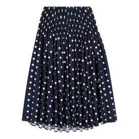Maje navy dots print midi skirt with pleated volume, elasticated waist, and all-over white polka dot pattern