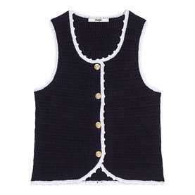 Maje navy crochet knit vest with white scallop trim edges and gold buttons, sleeveless design