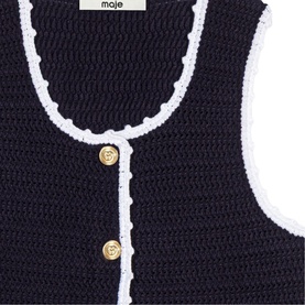 Maje navy crochet knit vest with white frill trim detail and gold-tone buttons at centre front