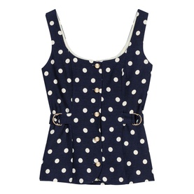 Maje navy dots print sleeveless top with white polka dots, button-front detail, D-ring belt loops, and cream trim neckline.