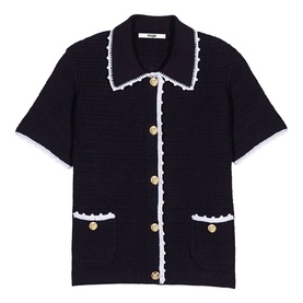Maje short-sleeve knit cardigan in black with white scallop trim, gold buttons, and front pockets