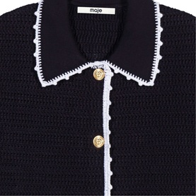Maje black crochet-knit cardigan with white scallop trim collar detail and gold embossed buttons