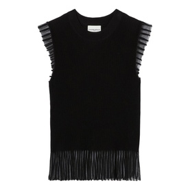 Claude Pierlot Rib Knit Top in black, sleeveless with sheer ruffle armholes, fringe-effect sheer lower section and opaque hem trim
