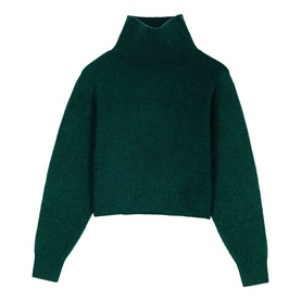 Maje bottle green chunky knit turtleneck cropped sweater with dropped shoulders and ribbed cuffs