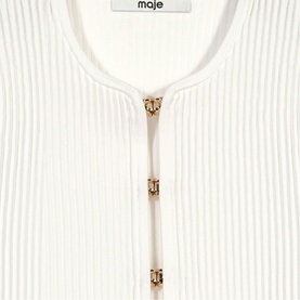 Maje ribbed white knit top with gold-tone logo clasp fastenings along centre front placket
