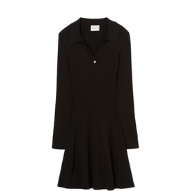 Claude Pierlot black long-sleeve mini dress with open collar, gold-tone button detail and flared skirt, flat lay