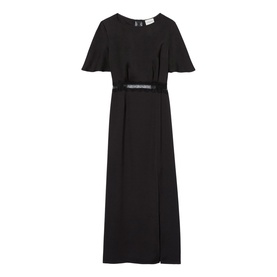 Claude Pierlot Lace Slit Dress in black, satin-effect midi length, flutter short sleeves, round neck, lace trim at waist, left leg slit