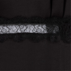 Claude Pierlot Lace Slit Dress in black, close-up of intricate floral lace trim insert detail against satin-effect fabric