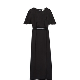 Claude Pierlot Lace Slit Dress in black, satin-effect midi length, flutter short sleeves, round neck, lace trim at waist, left leg slit