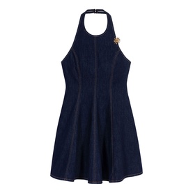Maje Womens French Dress in dark denim blue, halterneck, flared skirt, gold sunburst brooch detail at neckline
