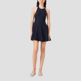 Model wearing Maje Womens French Dress in navy, halterneck fit-and-flare mini style with seam detailing, styled with silver flat shoes