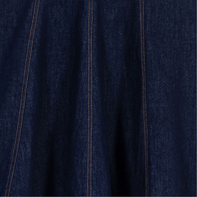 Maje Womens French Dress in dark indigo denim, close-up detail showing vertical contrast stitching on structured fabric.