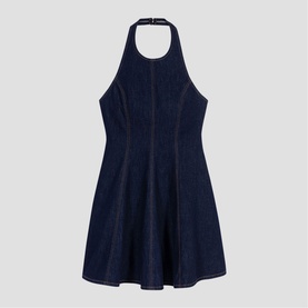 Maje Womens French Dress in dark indigo denim, halterneck design with fitted bodice and flared skirt, small buckle neck fastening