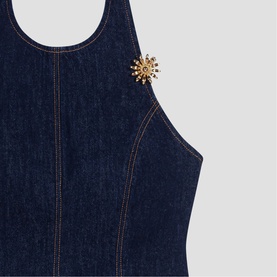 Maje Womens French Dress in dark indigo denim with contrast stitching and gold sunburst brooch detail at chest.