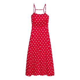 Maje Womens French Dress in red dots print, sleeveless midi with spaghetti straps, ruched bust, and flared skirt