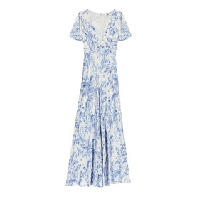 Maje Womens French Dress in sky blue large floral print, short flutter sleeves, deep V-neckline, and full-length flared skirt