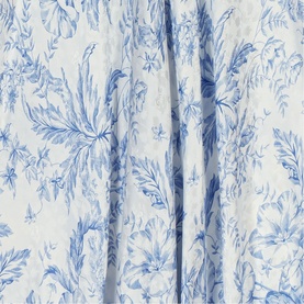 Maje Womens French Dress in sky blue large floral print, close-up of lightweight fabric with blue botanical toile pattern on white.