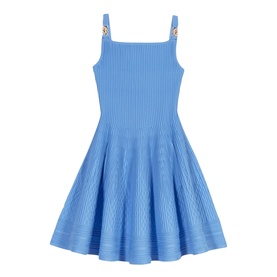 Maje Womens French Dress in blue ribbed knit, sleeveless fit-and-flare silhouette with embellished shoulder straps