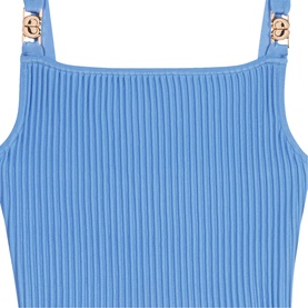Maje Womens French Dress in blue ribbed knit fabric with gold-tone hardware shoulder straps, cropped tank style