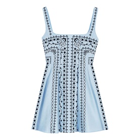Maje Womens French Dress in light blue with black paisley and geometric embroidered print, sleeveless mini dress with square neckline