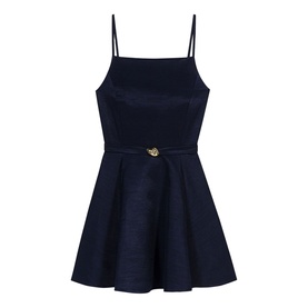 Maje Womens French Dress in navy blue, sleeveless spaghetti-strap mini skater silhouette with gold emblem belt detail