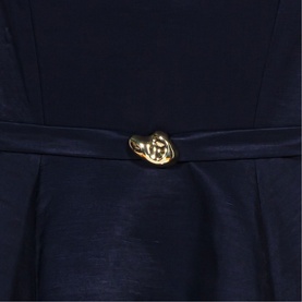 Maje Womens French Dress in navy with gold knotted belt detail at waist, close-up view