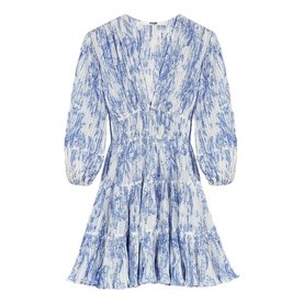 Maje Womens French Dress in sky blue large floral print, V-neck, elasticated waist, balloon sleeves and tiered ruffle hem