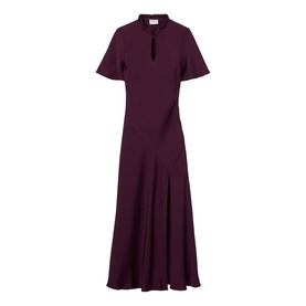 Claude Pierlot Womens French Dress in Dark Dahlia, midi length with flutter sleeves, keyhole neckline and flared skirt