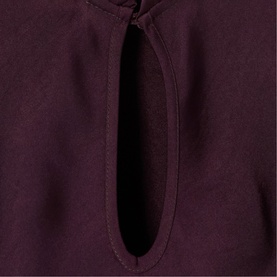 Claude Pierlot Womens French Dress in Dark Dahlia, close-up of keyhole neckline detail on dark plum fabric.