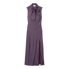 Claude Pierlot Womens French Dress in burgundy print, sleeveless midi length with pussy-bow neckline and front split