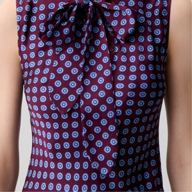 Claude Pierlot Womens French Dress in burgundy print with blue circle pattern and tie neck detail, sleeveless
