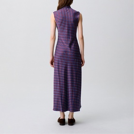 Model wearing Claude Pierlot Womens French Dress in burgundy print, sleeveless midi length with geometric pattern, back view